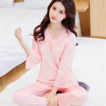 Spring and autumn ice silk long-sleeved pajamas womens lace summer sexy thin section womens large size silk home service two-piece suit