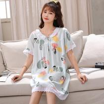 Summer Korean version of cotton silk short-sleeved thin night dress women cute cartoon artificial cotton pajamas home clothes pregnant women can wear