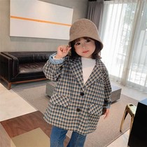 Girl suit 2021 Autumn New coat Korean girl foreign style suit Plaid baby long suit tide