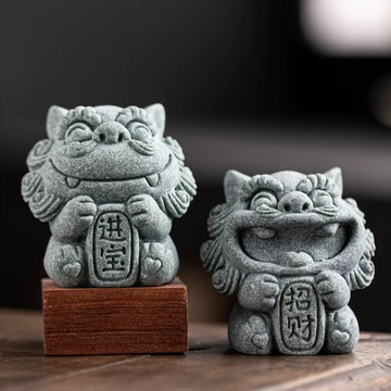 7A1650 ◇◇ 可愛い姿の 淸時代 石雕獅子擺件一対・石彫獅子置物 擺件