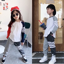 tb childrens clothing childrens spring and autumn sports casual suit male and female baby splicing bump color long sleeves CUHK Tong pure cotton T-shirt