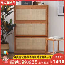 Japanese cherry wood rattan breathable shoe cabinet home door porch cabinet solid wood ultra-thin tipping bucket locker simple