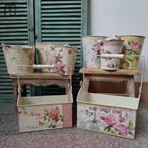 Eurostyle retro made old sticker green planting flower field garden handle dry flower tin barrel hanging iron art flower pot flower barrel