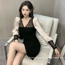2021 Autumn New Long Sleeve V collar lace stitching skirt waist vintage A short skirt temperament dress women