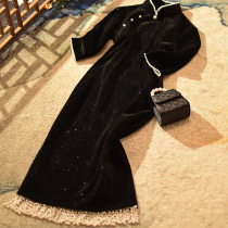 Golden velvet black high-end temperament elegant medium-length daily sleeve improved cheongsam 2021 New Women autumn and winter