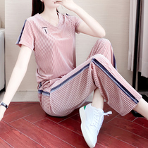 2021 summer new casual sports suit women retro simple wide leg pants short sleeve fashion Western style two-piece set