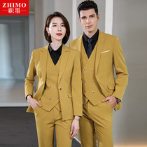High-end business dress mens suit sales manager work clothes slim handsome yellow suit President professional wear