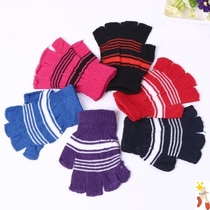 Autumn and winter men and women knitted warm gloves Wool stripe student writing computer typing work half-finger gloves