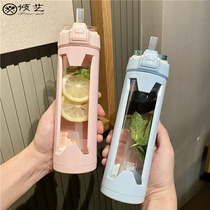 High-value double-layer glass with straw cup female net red 2021 cute portable simple female tide couple cup