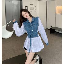 2021 Korean version of design sense niche dress early Autumn New temperament womens waist slim stitching denim skirt