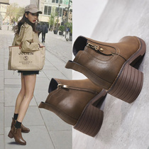 Hong Kong style Tide brand ins Net red short boots female rough heel 2021 high heel boots retro English chic middle heel Martin boots