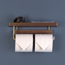 Yibin solid wood toilet roll paper holder non-perforated Japanese shelf wall-mounted toilet tissue rack box Black Walnut
