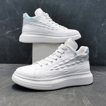 Hong Kong Thick Bottom High Bunch Shoes Men Casual 100 Hitch Genuine Leather Small White Shoes Man Heightening Crocodile Tattoo White Board Shoes Man