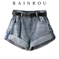 High waist thin retro loose A word wide leg hot pants womens summer thin section Port wind small man crimped denim shorts