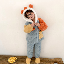 Childrens pajamas winter thickened cotton clip cute boy baby warm set flannel boy home clothing winter