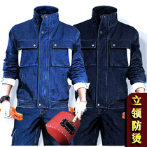 Spring and Autumn Workwear Suit Mens Pure Cotton Electric Welding Stand Collar Denim Anti-scalding Wear-resistant Workwear Workwear Welder Factory Workwear Men