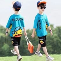  Pure cotton boys summer suit 2021 new middle and large childrens summer handsome short-sleeved Korean childrens western clothes tide