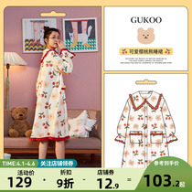 Gukoo Fruit Shell Spring Summer New Sleeping Skirt Woman Ladies Wind Sweet and long sleeves Sleeping Skirt Comfort can be worn outside the home Comforts Comfort