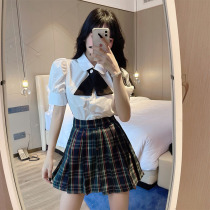 jk uniform suit skirt Two-piece summer college style Western style shirt Tide high waist plaid A word pleated skirt