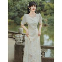 2021 new retro cheongsam improved square collar dress summer young female French first love retro tenderness