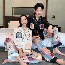 Couple pajamas mens spring and autumn ice silk suit two-piece female thin long sleeve simulation silk casual home wear
