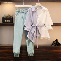 Splice shirt jeans two-piece Large size womens Korean version of personality niche fashion foreign style thin cover meat suit