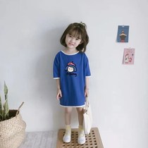 Female baby summer clothes new solid color casual loose version girls short-sleeved T-shirt dress cute color medium-long top