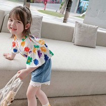 Girls summer suit 2021 new foreign style childrens clothing Childrens summer denim shorts t-shirt fashionable two-piece set tide