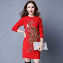 Chinese style Cheongsam womens sweater red slim-fit base shirt Autumn and winter long section Phoenix embroidery ethnic style dress