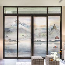 New Chinese style creative landscape painting Electrostatic glue-free frosted glass film Bathroom bedroom window balcony sliding door sticker