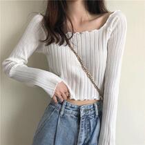 Spring 2021 New Korean version of small man high waist navel top niche square collar lace long sleeve knit women tide