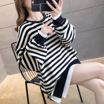 Large size womens spring and autumn Korean striped cotton long sleeve T-shirt fat mm fake two-piece medium-length sweater loose top