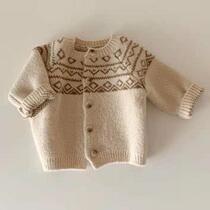 2021 Korean version of ins baby childrens sweater coat spring autumn Moren style round neck casual sweater