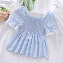 2021 summer Korean version of the new bubble sleeve sweet square collar lace fungus side nail buckle short shirt top women