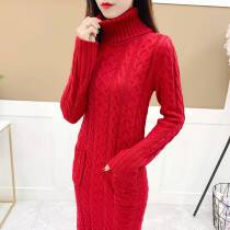 Winter womens twist high neck knitwear womens pullover wool skirt dress Korean version of womens knee long sweater