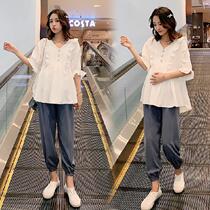 Pregnant Woman Suit Summer Style Fashion Foreign Air Fashion Two Sets Women Snowspinning Blouse Blouse Blouse Summer Dress Surrogacy Summer