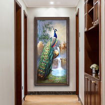 Pure hand-painted oil painting into the porch of the entrance decorative painting living room villa high hanging painting vertical peacock light luxury murals