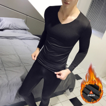 Tide brand high-end seamless thermal underwear mens suit plus velvet 2021 New modal V collar base autumn pants