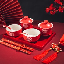 The tea cup wedding set red bowl dowry tea set wedding change cup two pairs of tray wedding supplies