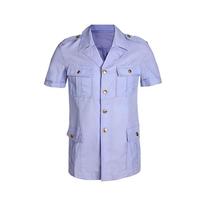 Genuine 87 style summer sky blue short sleeve shirt with nostalgic dry four pockets rear open fork old yarn card mens shirt