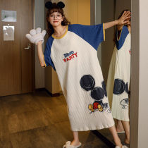 Long night dress womens summer short-sleeved cotton thin Korean pajamas Mid-length dress cute cartoon fresh casual loose