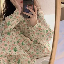 Japanese ins ruffled floral nightgown women autumn sweet fresh girl thin long sleeve dress home clothes
