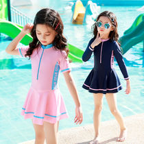 Childrens swimsuit Girls long sleeve sunscreen one-piece girls middle and large children Korean princess one-piece cute foreign style swimsuit