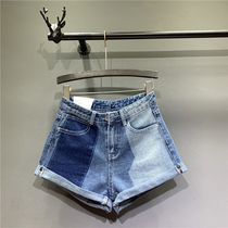 South Korea 2021 summer new female denim shorts spliced crimped solid color a word short half-body jeans