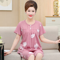 Middle-aged and elderly pajamas ladies summer short sleeve cotton cropped pants mother thin elderly pullover women size