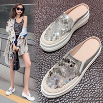 Net red fashion sequins Baotou half drag women wear 2021 summer new lace breathable lazy heel-free platform shoes