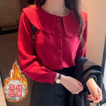 2020 autumn and winter New doll collar corduroy long sleeve shirt female plus velvet thick Joker wine red student shirt
