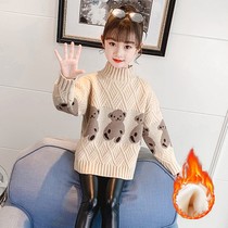 Girls sweater 2021 new foreign style childrens autumn and winter knitwear plus velvet padded medium children sweater high collar women