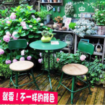 Pastoral retro Wrought iron balcony table and chair Solid wood Garden small table and chair Literary garden Leisure table and chair decoration outdoor