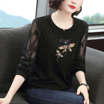 2021 new spring and autumn top long-sleeved t-shirt womens lace foreign style cotton base shirt large size middle-aged mother outfit